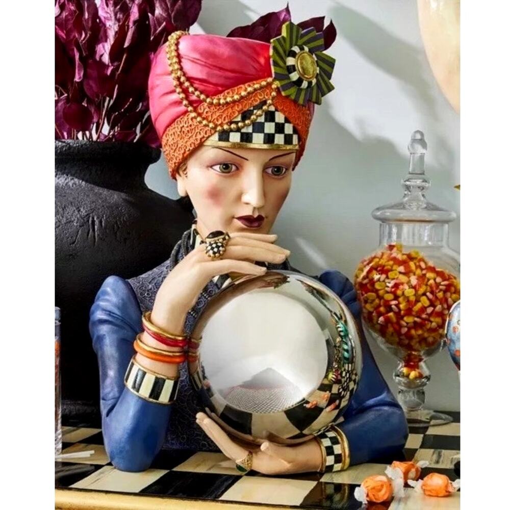 RARE Mackenzie Childs Fortune Teller 18" Courtly Check Figurine Brand New In Box